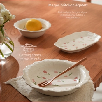 Mély porcelán étkészlet, tulipán mintával, szabálytalan formájú, skandináv stílus, mikrohullámú sütőben is használható
