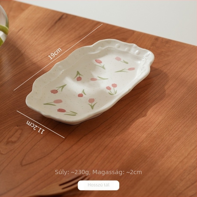 Mély porcelán étkészlet, tulipán mintával, szabálytalan formájú, skandináv stílus, mikrohullámú sütőben is használható