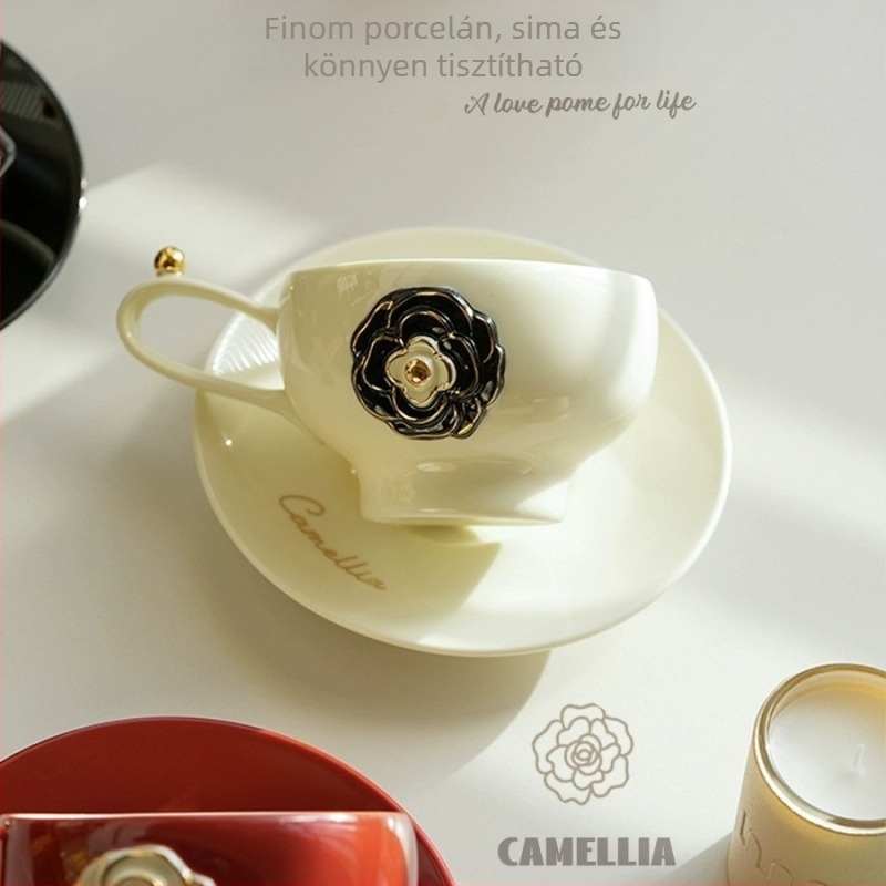 Camellia kerámia kávéscsésze és alátéttel, prémium könnyű luxus, otthoni használatra, latte art, legjobb barátnőknek