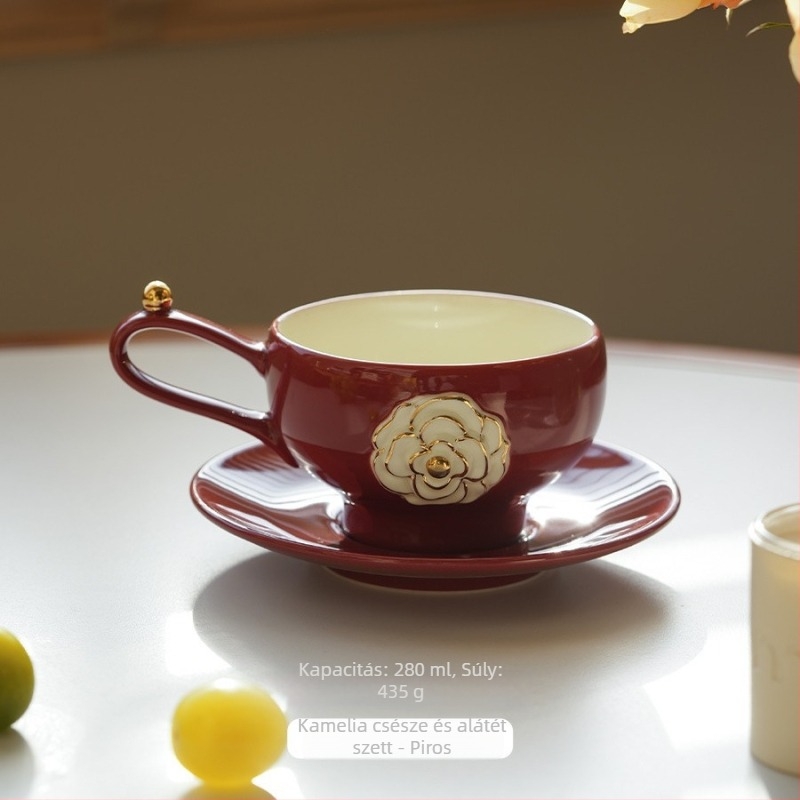 Camellia kerámia kávéscsésze és alátéttel, prémium könnyű luxus, otthoni használatra, latte art, legjobb barátnőknek