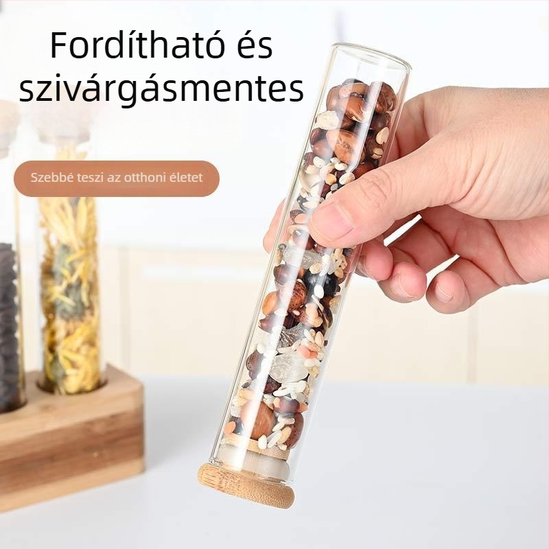 Yi Lan Üvegből készült kerek kávébab tároló, fa állvánnyal, kapacitás 300 ml alatt, mikrohullámú sütőben használható, logó nyomtatási lehetőség