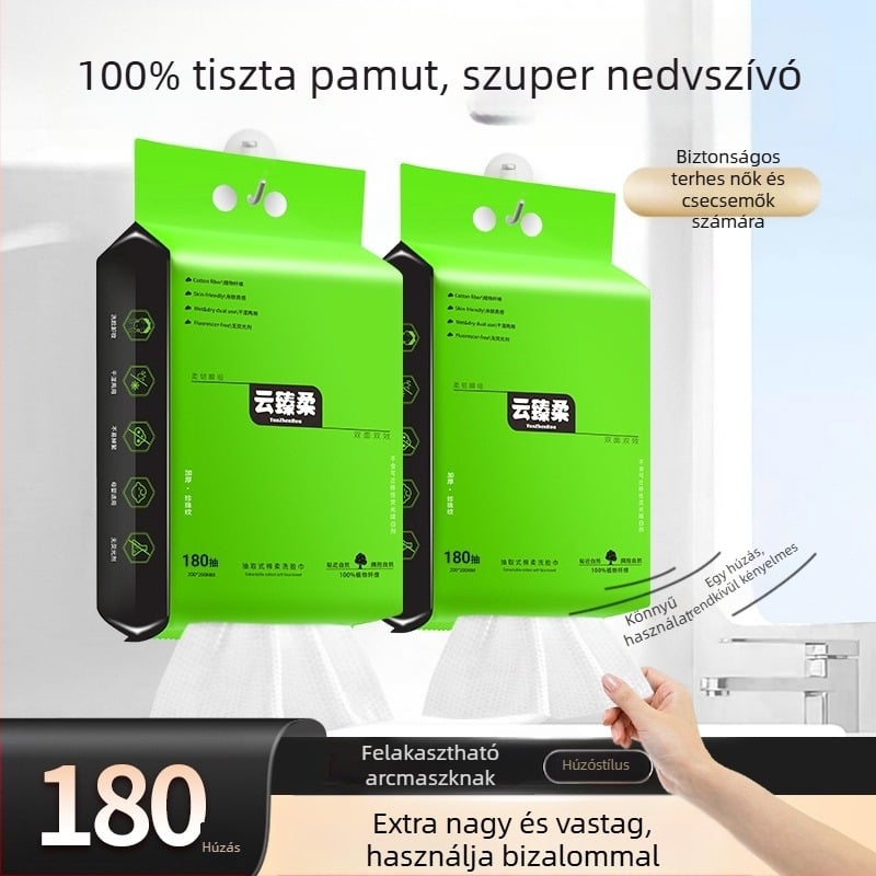 Yunzhenrou 100% pamut egyszer használatos arc kendő, vastított, felakasztható, szalonminőség, alsó kivonási stílus, 80 g/m², családi csomag