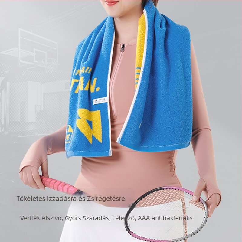 100% pamut sporttörölköző, nedvszívó és puha, sima szövés, 32s szál, 140–170 g, edzéshez, futáshoz és jóga