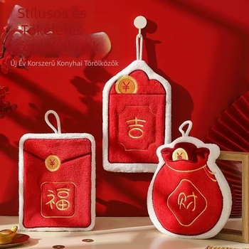 Akasztós kéztörlő hímzett jókívánság gazdagság motívummal, korall fleece anyagból, 120d fonal, 30–50 g, hímzés és szegélyezés