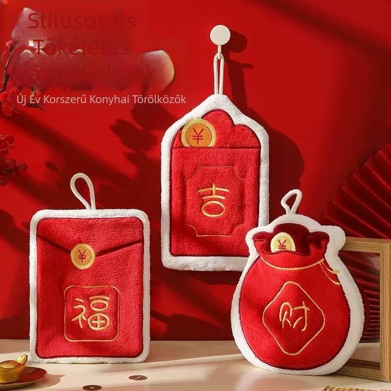 Akasztós kéztörlő hímzett jókívánság gazdagság motívummal, korall fleece anyagból, 120d fonal, 30–50 g, hímzés és szegélyezés