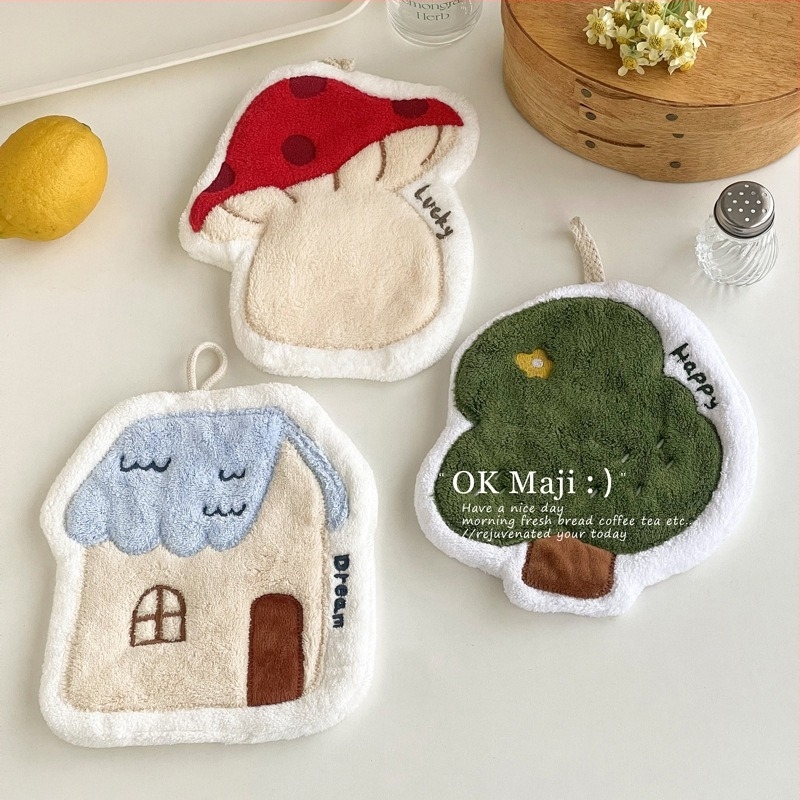 Cuki karikatúra mintás coral fleece kéztörlő, nedvszívó, szöszmentes, otthoni használatra, akasztható