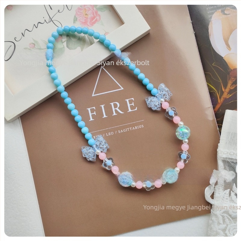 Gyermekeknek szóló masni-kötésű nyaklánc, átlátszó akril gyöngyökkel – kézzel készített, 3–10 éveseknek