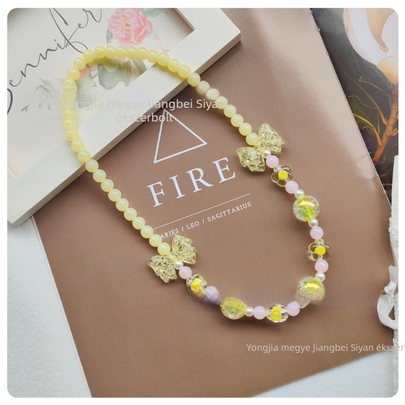 Gyermekeknek szóló masni-kötésű nyaklánc, átlátszó akril gyöngyökkel – kézzel készített, 3–10 éveseknek