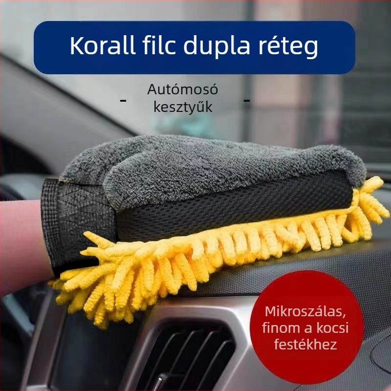 Chenille anyagú autómosó kesztyű, vízálló, kétoldalas, fleece bélés