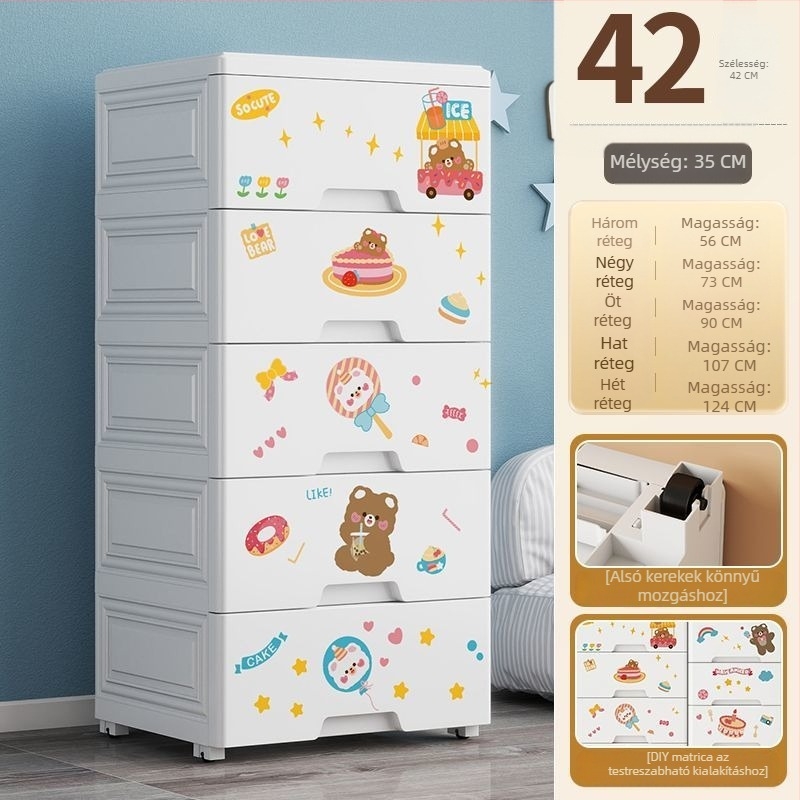Műanyag hétszintes gyerekeknek szánt tároló szekrény, szabadon álló kivitel, rajzfilm stílus, 5 kg