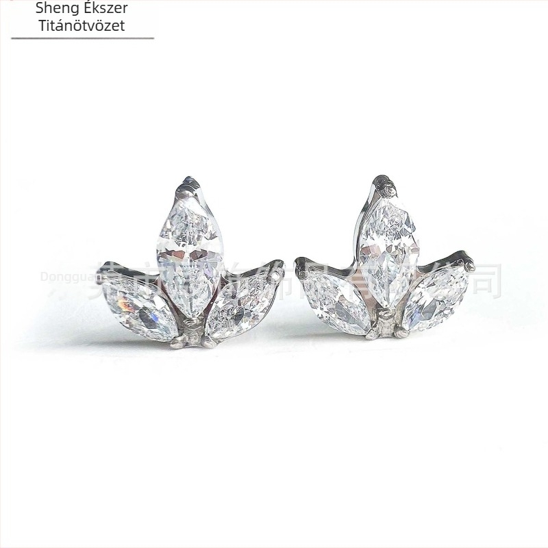 F136 Titánium marquise cirkónium fülbevalók, G23 titán ötvözet, belsőmenetes fülpiercing ékszer, természetes stílus