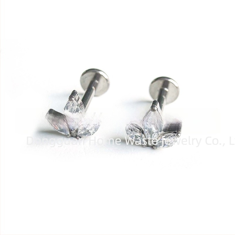 F136 Titánium marquise cirkónium fülbevalók, G23 titán ötvözet, belsőmenetes fülpiercing ékszer, természetes stílus