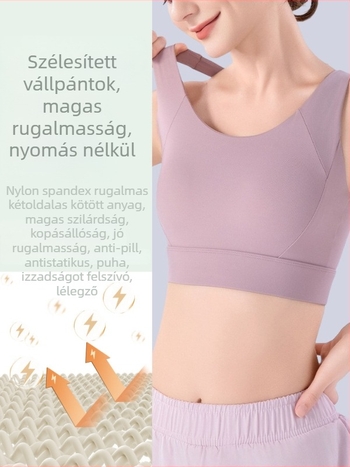 Sportmelltartó moldált, teljes kosár, rögzített dupla vállpántok, hátul záródás két sor kapoccsal; beépített támasz futáshoz; fő anyag 75% nylon, bélés 25% elasztán