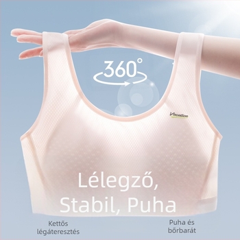 Sportmelltartó lányoknak 12–15 éveseknek, nejlon anyag, mellény-stílus, rögzített teljes kosár, vékony formázott kosár habból, bélés viszkóz 80–90%, rögzített dupla vállpántok, lélegző és kényelmes