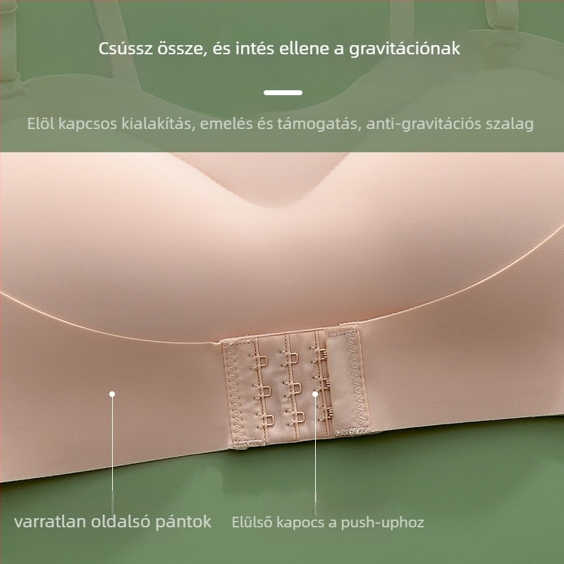 Váll nélküli, sima melltartó nőknek — láthatatlan, lélegző, csúszásmentes; elülső záródás; levehető dupla pántok; vékony formázott kosár habos bélssel; fő anyag: nejlon.