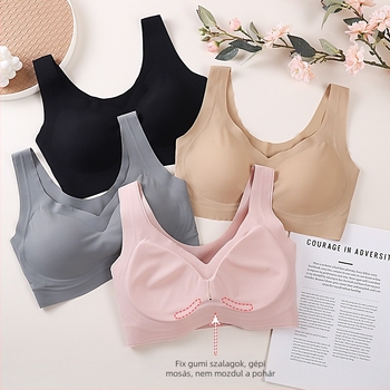 Vest-stílusú, vezeték nélküli push-up melltartó, varrat nélküli, vékony formázott kosarak, nylon anyagú külső és nylon bélés, rögzített kettős vállpántok