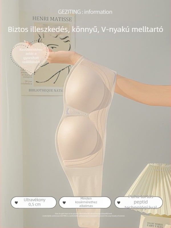 Váll nélküli, láthatatlan melltartó vékony formázott kosarakkal, 3/4 fedés, csúszásmentes, átlátszóság elleni, levehető pántok, nyári nylon