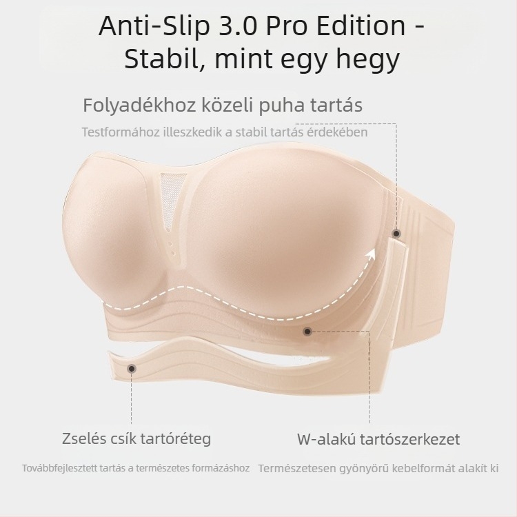 Váll nélküli, láthatatlan melltartó vékony formázott kosarakkal, 3/4 fedés, csúszásmentes, átlátszóság elleni, levehető pántok, nyári nylon