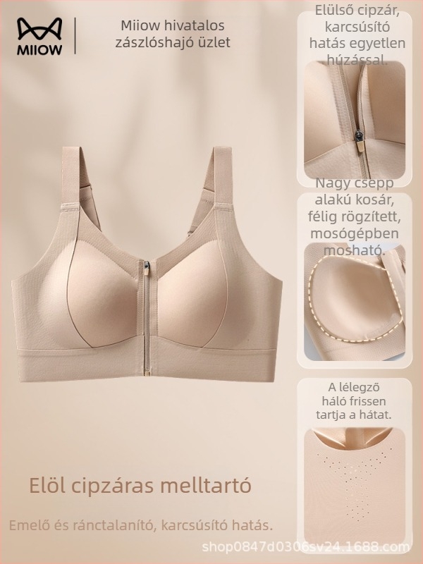 Elöl cipzárral és elől patenttal ellátott melltartó, vizuálisan kicsinyíti nagy kebleket — vékony nyári modell