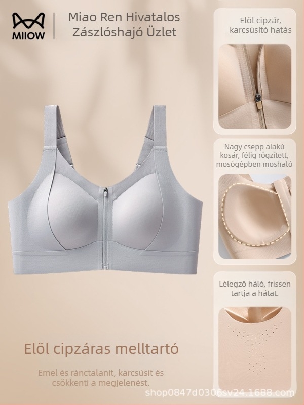 Elöl cipzárral és elől patenttal ellátott melltartó, vizuálisan kicsinyíti nagy kebleket — vékony nyári modell