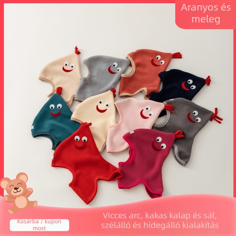 Pulóver sapka beépített nyakmelegítővel, gyerek téli fleece sapka poliészterből, gömbölyű felső, ívelt karima, szélálló