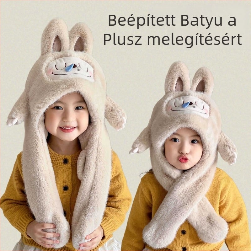 Gyerekeknek készült téli sapka-sál egyben, plüss anyagból, mozgó fülekkel, szélvédett, 4–6 éveseknek.