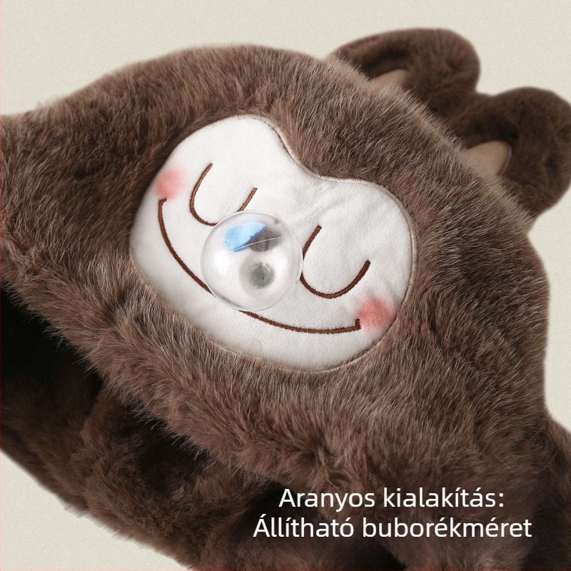 Gyerekeknek készült téli sapka-sál egyben, plüss anyagból, mozgó fülekkel, szélvédett, 4–6 éveseknek.