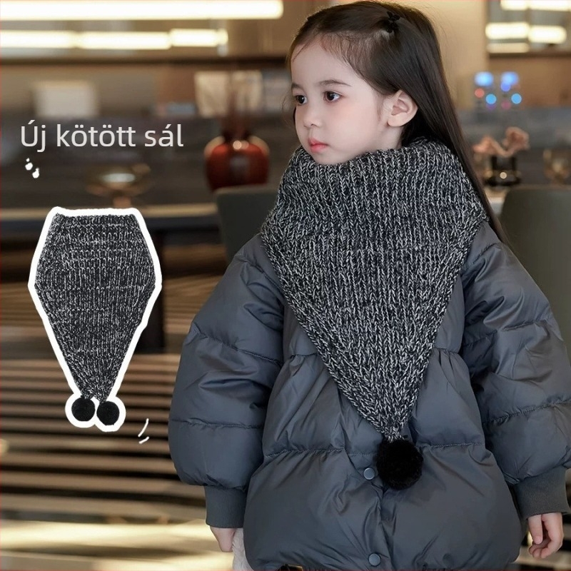 Gyerekeknek szóló gyapjú kötött sál, háromszög alakú, egyszerű szövés, monokróm, téli