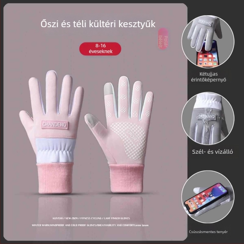 Gyerek téli kesztyű hóban játszáshoz velúr bélésű, vastag szigeteléssel, vízálló, osztott ujjas, uniszex