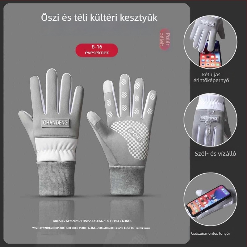 Gyerek téli kesztyű hóban játszáshoz velúr bélésű, vastag szigeteléssel, vízálló, osztott ujjas, uniszex