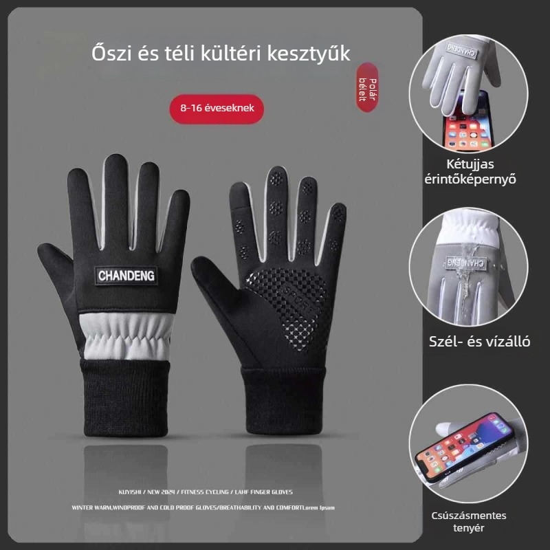 Gyerek téli kesztyű hóban játszáshoz velúr bélésű, vastag szigeteléssel, vízálló, osztott ujjas, uniszex