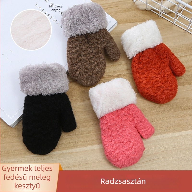 Gyerekeknek készült őszi-téli kötött mitenes kesztyűk, teljes lefedettség, melegek, bolyhos mandzsetta és belső fleece bélés, szélvédők