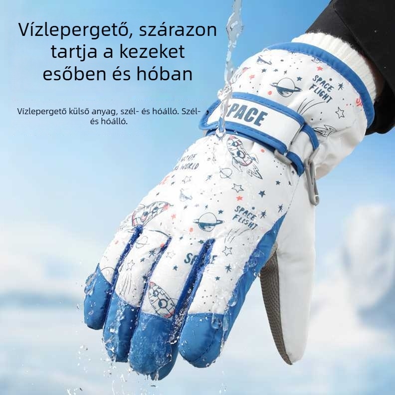 Gyerekeknek vízálló síkesztyűk télre, ötujjas kialakítás, vastag bolyhos bélés a melegért, 2–12 éveseknek