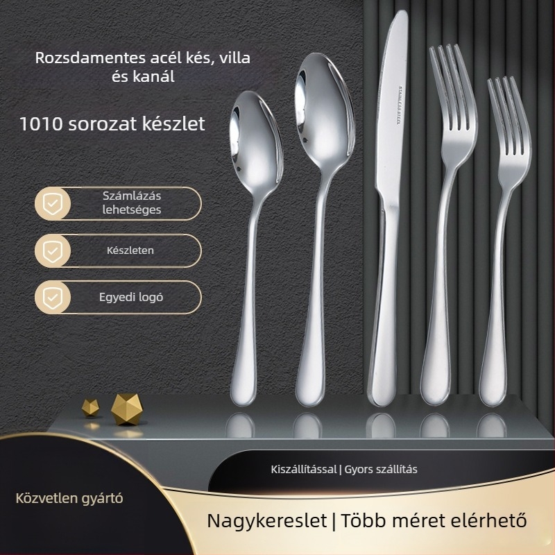410 rozsdamentes acél étkészlet (kés, villa és kanál) tükörfényes felülettel, modern egyszerű stílus, testreszabható logó.