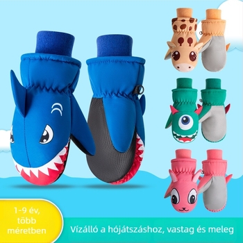 Téli gyerek síkesztyűk, vízálló, fleece bélés, vastag szigetelés, rajzfilmszerű cápa minta, uniszex
