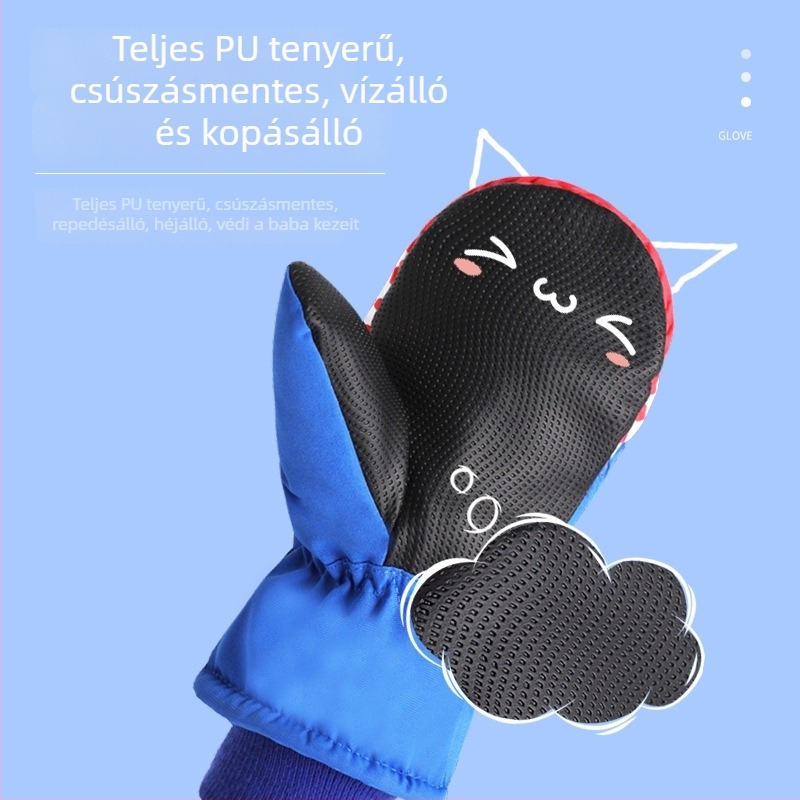 Téli gyerek síkesztyűk, vízálló, fleece bélés, vastag szigetelés, rajzfilmszerű cápa minta, uniszex