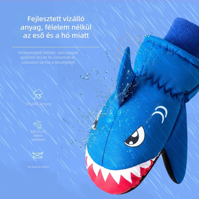 Téli gyerek síkesztyűk, vízálló, fleece bélés, vastag szigetelés, rajzfilmszerű cápa minta, uniszex