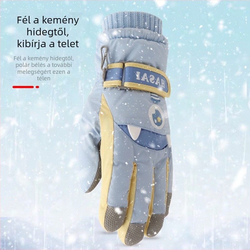 Gyerek téli kesztyűk fiúk és lányok számára, 6–10 évesek, vízálló, szélálló, fleece béléses, hóban