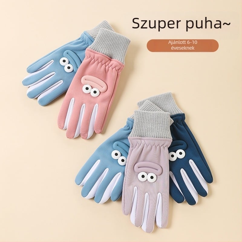 Gyerek téli kesztyű – nylon, meleg, cartoon minta, ujjas kesztyű, 6–10 éveseknek