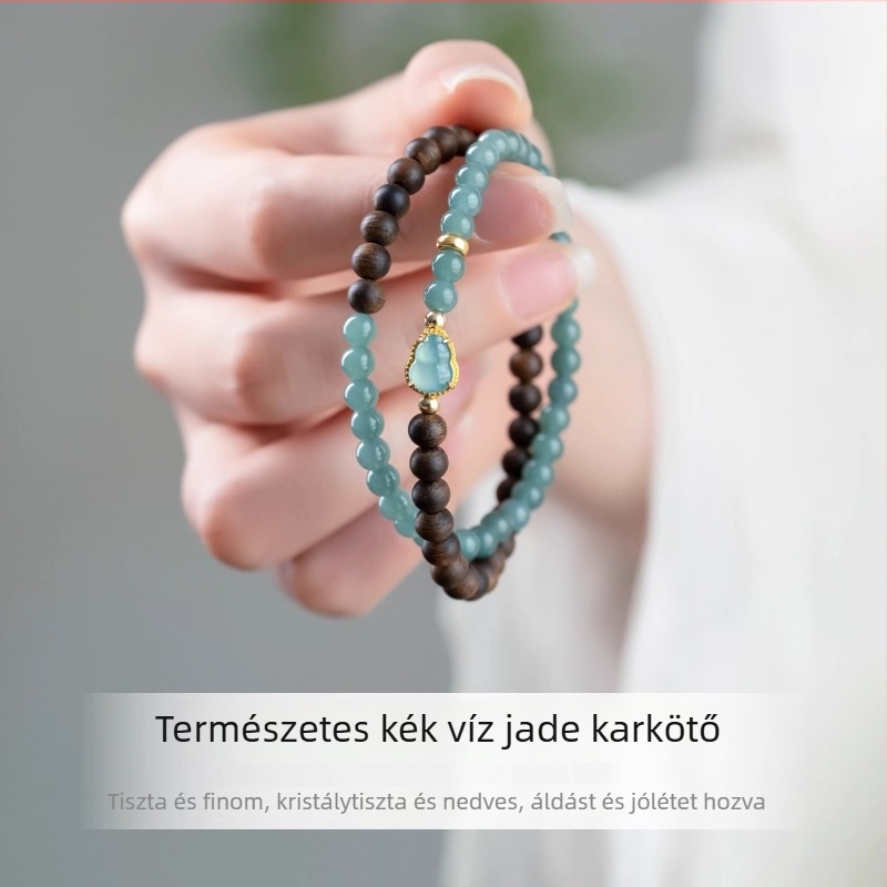 Sztár-stílusú karkötő: természetes kék víz jáde és illatos fa karkötő nőknek — ajándék