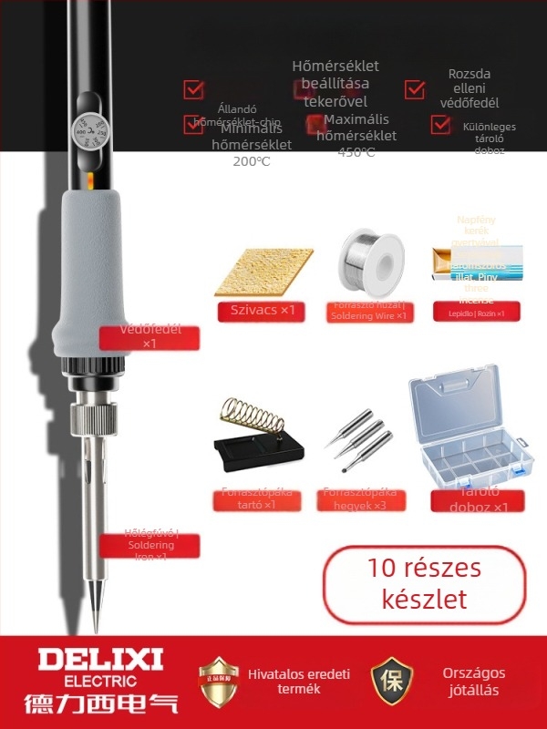 Delixi forrasztóvas belső fűtésű – otthoni készlet, állítható hőmérséklet, kerámiás fűtőelem, forrasztáshoz, desolderinghez és pirográfiához