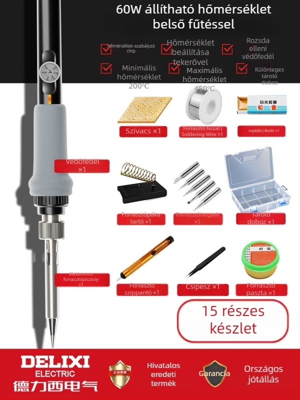 Delixi forrasztóvas belső fűtésű – otthoni készlet, állítható hőmérséklet, kerámiás fűtőelem, forrasztáshoz, desolderinghez és pirográfiához