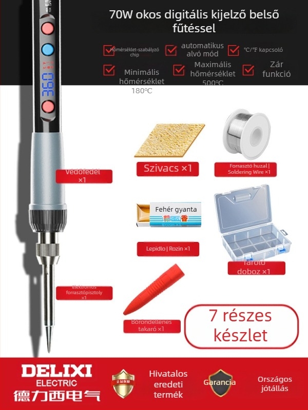 Delixi forrasztóvas belső fűtésű – otthoni készlet, állítható hőmérséklet, kerámiás fűtőelem, forrasztáshoz, desolderinghez és pirográfiához