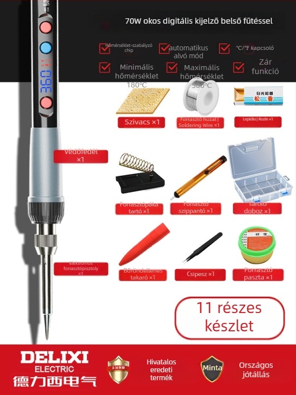 Delixi forrasztóvas belső fűtésű – otthoni készlet, állítható hőmérséklet, kerámiás fűtőelem, forrasztáshoz, desolderinghez és pirográfiához