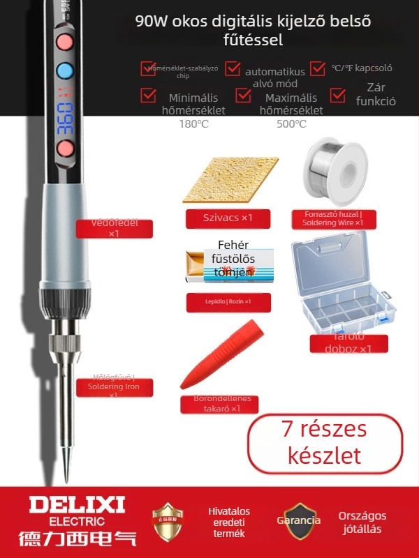 Delixi forrasztóvas belső fűtésű – otthoni készlet, állítható hőmérséklet, kerámiás fűtőelem, forrasztáshoz, desolderinghez és pirográfiához