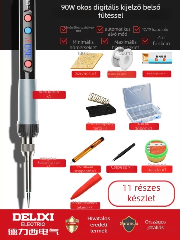 Delixi forrasztóvas belső fűtésű – otthoni készlet, állítható hőmérséklet, kerámiás fűtőelem, forrasztáshoz, desolderinghez és pirográfiához