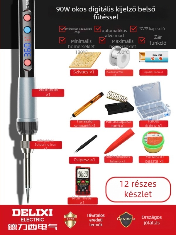 Delixi forrasztóvas belső fűtésű – otthoni készlet, állítható hőmérséklet, kerámiás fűtőelem, forrasztáshoz, desolderinghez és pirográfiához