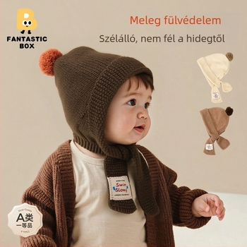 Baba pamut kötött sapka pomponnal integrált sállal – szélvédett és meleg.