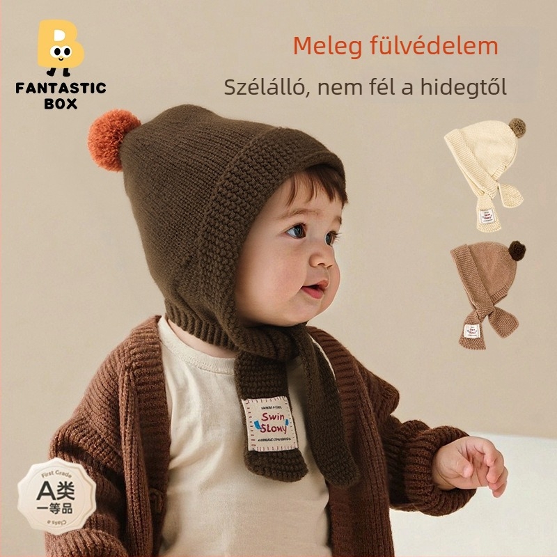 Baba pamut kötött sapka pomponnal integrált sállal – szélvédett és meleg.