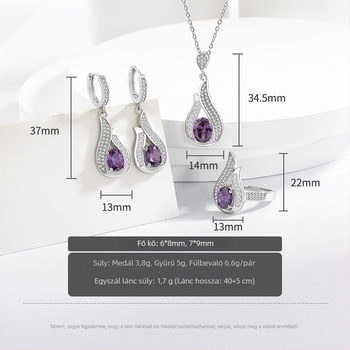 Réz anyagú ékszerszett: nyaklánc, fülbevaló és gyűrű; O-alakú lánc; vegyes kövek beállítása; növényi motívum